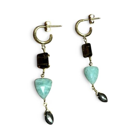 Gold Over Sterling Earrings w/ Amazonite, Smoky Quartz & Hematite - Picture 2 of 4